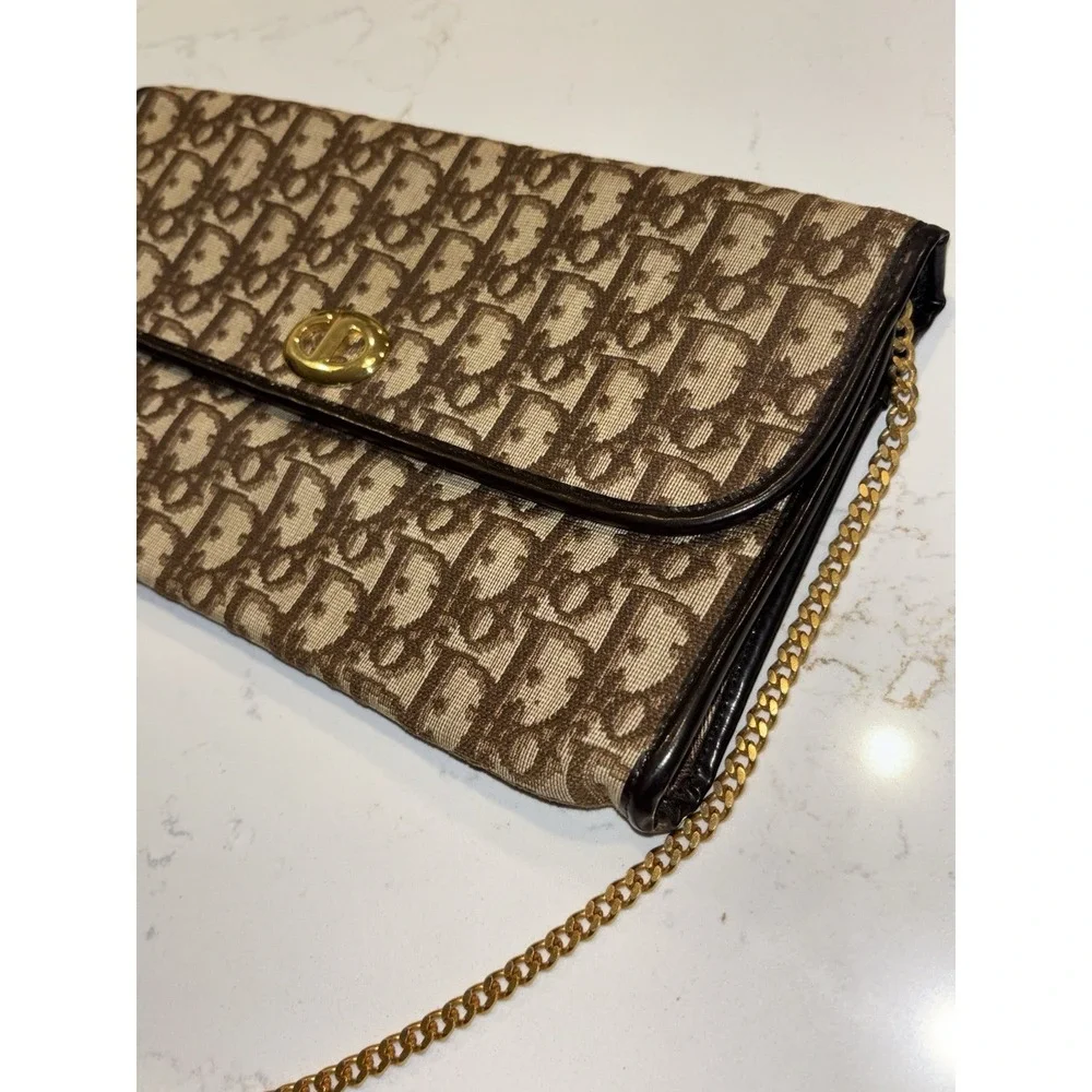 Dior Monogram Trotter Beige Brown Clutch Bag Gold Chain Shoulder Bag